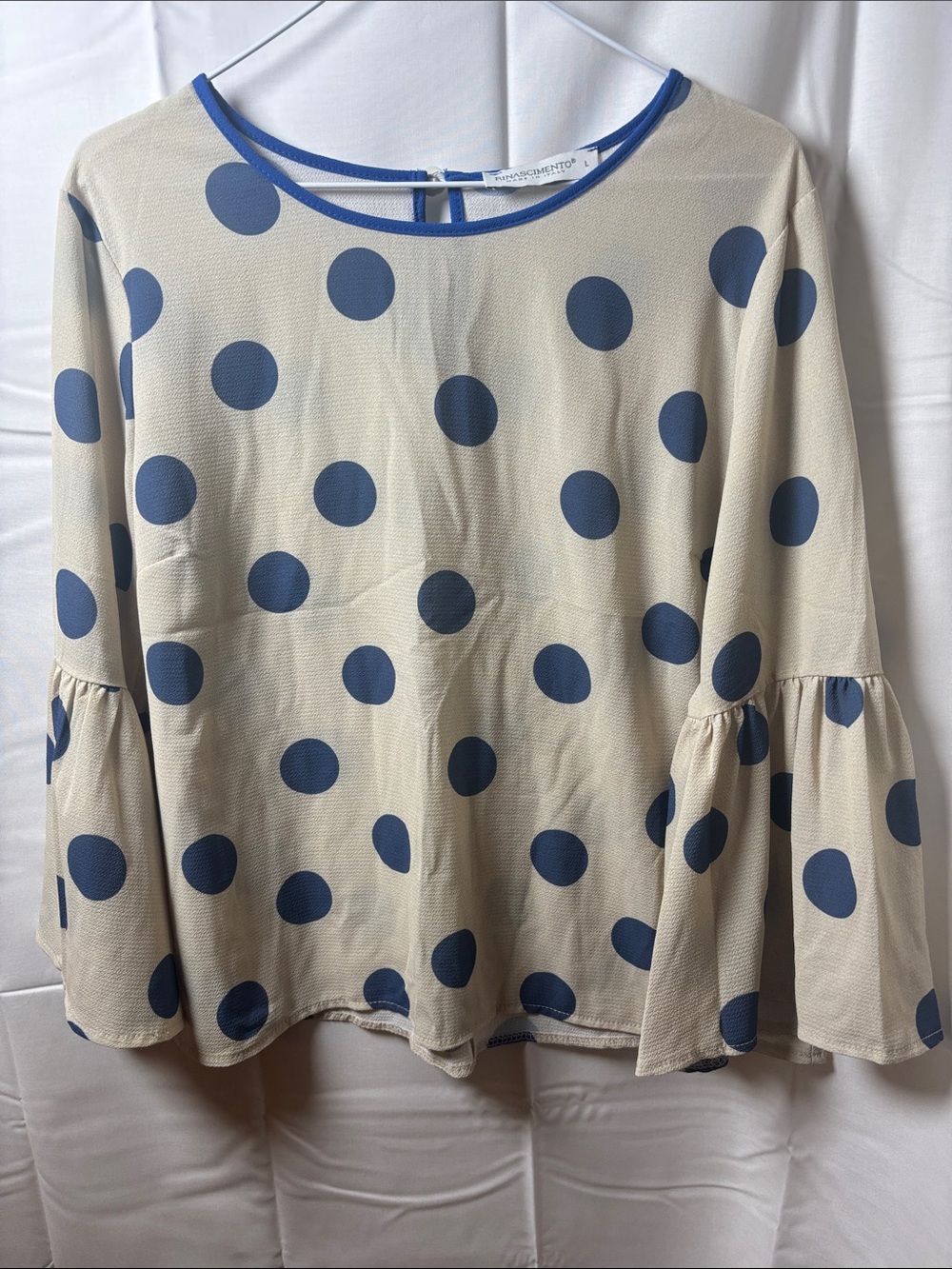 Rinascimento Cream Blouse with Blue Polka Dots and Flared Sleeves